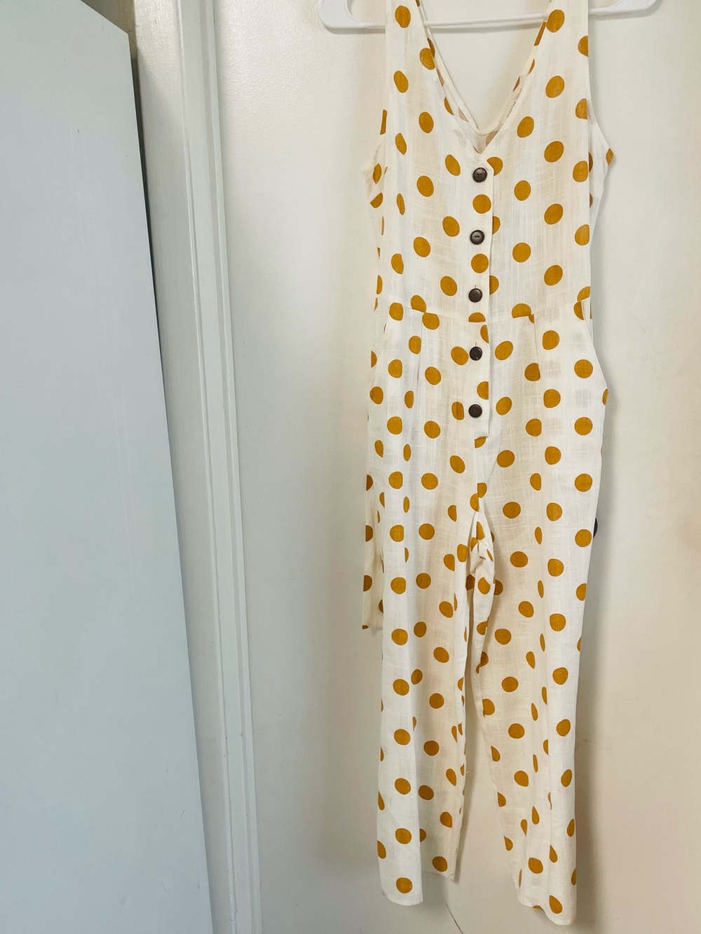 Monteau Cream Jumpsuit with Mustard Polka Dot Print and Belt - Picture 1 of 10